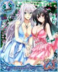  2girls black_hair blue_eyes breast_press breasts character_name chess_piece cleavage hair_between_eyes hair_ribbon happy high_school_dxd high_school_dxd_new jewelry large_breasts long_hair multiple_girls necklace official_art open_mouth petals pink_eyes raynare ribbon rook_(chess) rossweisse silver_hair smile symmetrical_docking torn_clothes trading_card very_long_hair 