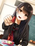  1girl :d black_hair black_serafuku black_shirt blurry blush brown_eyes chair chalkboard depth_of_field desk feeding head_tilt highres holding indoors kentaurosu long_hair looking_at_viewer lunchbox neckerchief open_mouth original pov pov_feeding round_teeth school_desk school_uniform serafuku shirt sitting smile solo speaker sponge table tako-san_wiener teeth tomato 