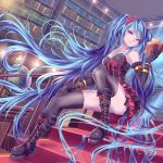 1girl aqua_hair bangle bare_shoulders black_boots black_gloves book bookshelf boots bracelet clenched_hand cross-laced_footwear dutch_angle elbow_gloves globe gloves gothic_lolita hatsune_miku holding holding_book jewelry library lolita_fashion long_hair open_book revision solo stairs thigh-highs twintails very_long_hair violet_eyes vocaloid yusuke_(shiota) 