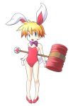  1girl animal_ears aqua_eyes artist_request bare_legs blonde_hair bunnysuit full_body keio leotard mallet nanahikari_rami piko_piko_hammer rabbit_ears short_hair simple_background solo white_background 