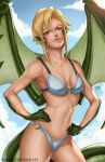  1girl bikini blonde_hair claws clouds draco_(monster_musume) dragon_girl dragon_tail dragon_wings edwin_disla hands_on_hips highres lens_flare monster_girl monster_musume_no_iru_nichijou navel pointy_ears scales short_hair signature sky small_breasts solo swimsuit tail violet_eyes watermark web_address wings 
