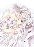  1girl blue_eyes breasts cat closed_eyes dress feathered_wings heterochromia highres horn large_breasts long_hair looking_at_viewer lying mihara_youzora on_back original silver_hair unicorn white_cat white_dress wings yellow_eyes 
