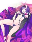  1girl black_hair bob_cut fate/grand_order fate_(series) horns japanese_clothes jewelry kimono lying midriff navel parted_lips short_hair shuten_douji_(fate/grand_order) smile solo violet_eyes yanami 