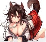  1girl ahoge all_fours animal_ears bangs bare_shoulders barefoot blush breasts brooch brown_hair chain cleavage collar collarbone downblouse dress efe flying_sweatdrops hair_between_eyes imaizumi_kagerou jewelry large_breasts long_hair open_mouth red_eyes revision simple_background solo sweatdrop tail tears teeth touhou very_long_hair white_background wolf_ears wolf_tail 