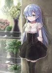  1girl absurdres against_wall alternate_costume alternate_hair_length alternate_hairstyle arms_behind_back black_legwear blue_eyes blue_hair blush buttons collarbone dress english flower flower_pot flower_shop frilled_dress frills hair_ornament hair_over_one_eye highres long_hair plant re:zero_kara_hajimeru_isekai_seikatsu rem_(re:zero) shop short_sleeves signature smile solo standing thigh-highs underbust window x_hair_ornament yonago_miko 