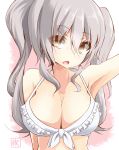  1girl alternate_costume armpits bra breasts cleavage commentary_request grey_hair hand_up highres kantai_collection kashima_(kantai_collection) long_hair looking_at_viewer open_mouth sakakiba_misogi solo twintails underwear upper_body white_bra 