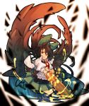  1girl arm_cannon black_legwear brown_hair cape chobi_(sakuyasakuhana) hair_ribbon long_hair looking_at_viewer open_mouth puffy_sleeves reiuji_utsuho ribbon shirt short_sleeves simple_background skirt solo thigh-highs third_eye touhou weapon white_background wings 