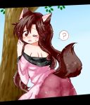  1girl ;o ? against_tree animal_ears brown_hair dress from_behind highres imaizumi_kagerou kuroshiroduet long_hair off_shoulder one_eye_closed spoken_question_mark sweat tail touhou tree wolf_ears wolf_tail 