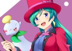  1girl breasts brooch chimecho earrings formal green_hair hat highres jacket jewelry long_hair magician open_mouth pantyhose pokemon pokemon_(anime) pokemon_(creature) ribbon shizue_(pokemon) smile suit top_hat violet_eyes wand yomitrooper 