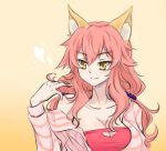 1girl animal_ears artist_request bare_shoulders breasts caster_(fate/extra) cleavage collarbone fate/extra fate_(series) fox_ears fox_tail gradient gradient_background hand_in_hair heart large_breasts long_hair pink_hair simple_background solo tail yellow_background yellow_eyes 