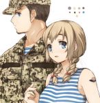  1boy 1girl beard blue_eyes brown_hair camouflage facial_hair military military_uniform msc_nm standing tagme telnyashka uniform 