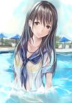  1girl anegasaki_nene long_hair looking_at_viewer love_plus mole nannacy7 partially_submerged school_uniform serafuku sky smile solo swimsuit swimsuit_under_clothes umbrella water wet wet_clothes 