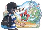  1boy absurdres backpack bag baseball_cap black_hair flower hat highres male_focus male_protagonist_(pokemon_sm) official_art oomura_yuusuke outside_border palm_tree pointing pokedex pokemon pokemon_(creature) pokemon_(game) pokemon_center pokemon_sm rotom rotom_dex smile solo z-ring 