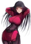  1girl arms_up bangs black_hair bodysuit breasts closed_mouth covered_navel cowboy_shot crop_top eyebrows eyebrows_visible_through_hair garakuta hands_in_hair highres large_breasts long_hair long_sleeves looking_at_viewer natsume_(pokemon) pokemon pokemon_(game) pokemon_rgby red_eyes red_skirt simple_background skirt solo thigh_gap white_background 