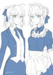  2girls blue_eyes butler dual_persona fate/stay_night fate/zero fate_(series) leo-time maid monochrome multiple_girls ponytail reverse_trap saber 
