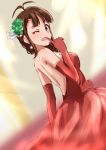  1girl brown_eyes brown_hair character_request dress elbow_gloves flower gloves hair_flower hair_ornament idolmaster index_finger_raised lieass long_hair looking_at_viewer one_eye_closed open_mouth red_dress red_gloves solo strapless strapless_dress 