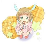  1boy :3 :d animal_hood bangs blonde_hair blunt_bangs blush bunny_hood from_above green_eyes himeno_kanon hood idolmaster idolmaster_side-m looking_at_viewer male_focus open_mouth polka_dot rice_(rice8p) smile solo star waffle 