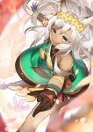  1girl :q animal_ears arm_ribbon armlet bangs bare_shoulders belt between_breasts black_gloves blurry breasts cat_ears dark_skin depth_of_field dress eyebrows eyebrows_visible_through_hair flower gloves granblue_fantasy green_dress green_eyes grey_hair hair_flower hair_ornament light_particles long_hair looking_at_viewer motion_blur nemone outstretched_arms petals reaching ribbon shiyun single_strap smile solo spread_arms tongue tongue_out yellow_flower 