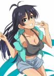  1girl armpits black_hair blue_eyes blue_shorts breasts cleavage collarbone ganaha_hibiki grin idolmaster lieass long_hair looking_at_viewer simple_background smile solo white_background 