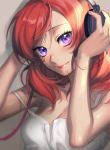  1girl blush chlfl05 hands_on_headphones headphones looking_at_viewer love_live!_school_idol_project nishikino_maki off_shoulder redhead smile violet_eyes 