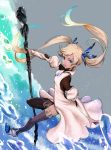  1girl blonde_hair blue_eyes full_body granblue_fantasy hair_ornament io_euclase juliet_sleeves long_hair long_sleeves looking_at_viewer magic open_mouth puffy_sleeves shisamu small_breasts solo staff tan thigh-highs twintails water 