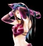  1girl adjusting_hair armpits bare_shoulders black_background black_hair breasts capcom detached_sleeves drill_hair fingerless_gloves gloves hair_down halter_top halterneck han_juri karipaku long_hair looking_down midriff navel sideboob simple_background solo street_fighter street_fighter_iv super_street_fighter_iv tying_hair 