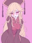  1girl blonde_hair blush chinese_clothes colored colored_eyelashes dress flat_color hat junko_(touhou) lavender_background long_hair long_sleeves looking_at_viewer miata_(pixiv) obi open_mouth red_eyes sash simple_background sketch solo tabard touhou turtleneck wide_sleeves 