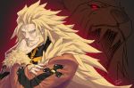  1boy aqua_eyes beard blonde_hair dated facial_hair fur_trim guilty_gear guilty_gear_xrd hand_on_own_chin leo_whitefang lion long_hair looking_at_viewer no_eyebrows parted_lips smile solo twitter_username zaki_(narashigeo) 