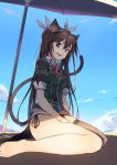  1girl :d absurdres animal_ears barefoot beach black_legwear black_panties bow bowtie brown_hair cat_ears cat_tail clouds eyebrows eyebrows_visible_through_hair fang from_below grey_eyes hair_ribbon hand_on_lap highres kantai_collection kneeling long_hair looking_at_viewer moe_monokatari open_mouth panties puffy_short_sleeves puffy_sleeves ribbon shadow short_sleeves side-tie_panties single_thighhigh sitting smile solo tail thigh-highs tone_(kantai_collection) twintails umbrella underwear wariza 