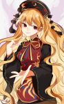  1girl arin_(fanfan013) black_dress chinese_clothes dress fox_tail hat junko_(touhou) long_hair long_sleeves looking_to_the_side multiple_tails orange_hair pom_pom_(clothes) red_eyes ribbon smile solo tabard tail touhou wide_sleeves 
