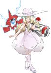  1girl :&lt; blonde_hair braid dress female green_eyes hat highres kneehighs lillie_(pokemon) long_hair looking_at_viewer poke_ball pokedex pokemon pokemon_(creature) pokemon_(game) pokemon_sm rotom shigurio solo sun_hat twin_braids 