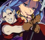  1boy 1girl cape chrono_trigger enoo gloves jewelry long_hair lowres magus mother_and_son pointy_ears purple_hair queen_zeal scythe weapon 