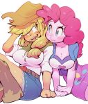    2girls applejack blonde_hair blue_eyes boots breasts cleavage cowboy_boots cowboy_hat curly_hair green_eyes hat hono1212 multiple_girls my_little_pony my_little_pony_equestria_girls my_little_pony_friendship_is_magic personification pink_hair pink_skin pinkie_pie side_ponytail simple_background sitting sleeves_rolled_up smile tight white_background 