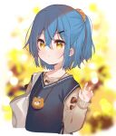  1girl :o bag bangs blue_hair blurry blurry_background brown_eyes brown_shirt collarbone cropped_torso depth_of_field eyebrows_visible_through_hair hair_between_eyes hair_ornament hair_scrunchie hairclip hand_up highres long_sleeves looking_at_viewer meito_(maze) original parted_lips ponytail scrunchie shirt short_hair solo sweater_vest upper_body yellow_eyes yellow_scrunchie 