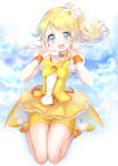  1girl ayase_eli bike_shorts blonde_hair blue_eyes bow cure_peace cure_peace_(cosplay) double_v gorua_(youce01) long_hair love_live!_school_idol_project ponytail precure revision skirt smile smile_precure! solo v yellow_bow yellow_skirt 
