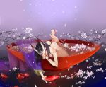  1girl ass black_hair bob_cut cherry_blossoms fate/grand_order fate_(series) food fruit horns japanese_clothes kimono oni pale_skin partially_submerged persimmon petals petals_on_water picube525528 sakazuki short_hair shuten_douji_(fate/grand_order) solo violet_eyes 