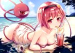  1girl ass beach bikini blue_sky breasts collarbone drink drinking drinking_straw hairband heart komeiji_satori looking_at_viewer lying on_stomach outdoors pink_eyes pink_hair revision seashell shell short_hair sky solo swimsuit third_eye touhou untied untied_bikini water wet yan_(nicknikg) 