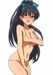  1girl aqua_ribbon bikini black_hair blue_eyes breasts cleavage collarbone covering covering_breasts covering_crotch embarrassed ganaha_hibiki hair_ribbon idolmaster lieass long_hair looking_at_viewer navel open_mouth ribbon simple_background solo swimsuit under_boob white_background 