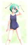  1girl antennae arm_at_side armpits bare_arms bare_shoulders blue_swimsuit blush collarbone covered_navel eyebrows eyebrows_visible_through_hair green_background green_eyes green_hair hair_between_eyes head_tilt highres insect_girl legs_apart looking_at_viewer mofupaka one-piece_swimsuit school_swimsuit short_hair simple_background solo standing swimsuit tareme thighs touhou wriggle_nightbug 