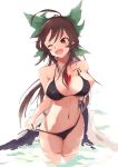  1girl ;d ahoge bare_arms bare_shoulders between_breasts bikini bikini_pull black_bikini blush bow brown_hair collarbone dripping fang green_bow hair_bow long_hair looking_to_the_side midriff navel one_eye_closed open_mouth pulled_by_self red_eyes reflection reiuji_utsuho simple_background smile solo standing stomach swimsuit tareme tetsurou_(fe+) third_eye tooth touhou undressing very_long_hair wading water water_drop wet white_background 