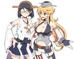  2girls :d black_eyes black_hair blonde_hair breasts cleavage commentary_request detached_sleeves glasses hairband iowa_(kantai_collection) kantai_collection kirishima_(kantai_collection) long_hair multiple_girls nanashino navel nontraditional_miko one_eye_closed open_mouth pleated_skirt sarashi semi-rimless_glasses short_hair simple_background skirt smile star star-shaped_pupils symbol-shaped_pupils violet_eyes white_background 
