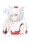  1girl animal_ears bare_shoulders blush breasts detached_sleeves eating hat highres hybrid_(artist) inubashiri_momiji looking_at_viewer musical_note pom_pom_(clothes) red_eyes sash short_hair sideboob solo spoken_musical_note tokin_hat touhou upper_body white_background white_hair wide_sleeves wolf_ears 