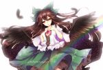  1girl black_feathers black_wings blush bow brown_hair cape chestnut_mouth cowboy_shot feathers glowing green_skirt hair_between_eyes hair_bow hands_on_own_chest head_tilt long_hair looking_at_viewer otsu_(pixiv15748356) rainbow red_eyes reiuji_utsuho shiny shiny_hair skirt solo space third_eye touhou very_long_hair wings 