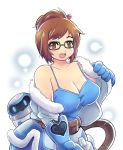  1girl belt blue_jacket blush brown_eyes brown_hair camisole collarbone colonel_aki commentary drone fur_trim glasses gloves hair_bun hair_ornament hairpin heart hose jacket mei_(overwatch) no_bra open_mouth overwatch removing_jacket round_teeth simple_background solo teeth upper_body utility_belt 