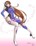  1girl bodysuit breasts brown_hair d.va_(overwatch) harry_(dudwofla) highres long_hair looking_at_viewer overwatch pilot_suit smile solo 