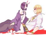  1boy 1girl belt blonde_hair breasts fate/grand_order fate_(series) hair_ornament horns japanese_clothes jewelry kimono midriff navel off_shoulder oni open_mouth purple_hair sakata_kintoki_(fate/grand_order) short_hair shuten_douji_(fate/grand_order) sitting sunglasses violet_eyes watch watch zbura 