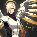  1girl artist_name blonde_hair blue_eyes bodysuit character_name genderswap genderswap_(ftm) hair_over_one_eye long_sleeves mechanical_halo mechanical_wings mercy_(overwatch) open_mouth overwatch power_suit short_hair smile solo teeth wings 