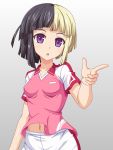  1girl black_hair blonde_hair breasts collarbone f_1chan impossible_clothes impossible_shirt multicolored_hair navel open_mouth pointing shirt soccer_uniform solo sportswear two-tone_hair upper_body venus_eleven_vivid! violet_eyes 