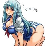  1girl all_fours barefoot blue_hair blush breasts cleavage kamishirasawa_keine large_breasts long_hair panties plump red_eyes sachito simple_background solo striped striped_panties thick_thighs thighs touhou underwear white_background 