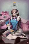  1girl absurdres bodysuit breasts brown_eyes brown_hair d.va_(overwatch) facial_mark headphones highres jacsplus lips long_hair overwatch pilot_suit solo whisker_markings 